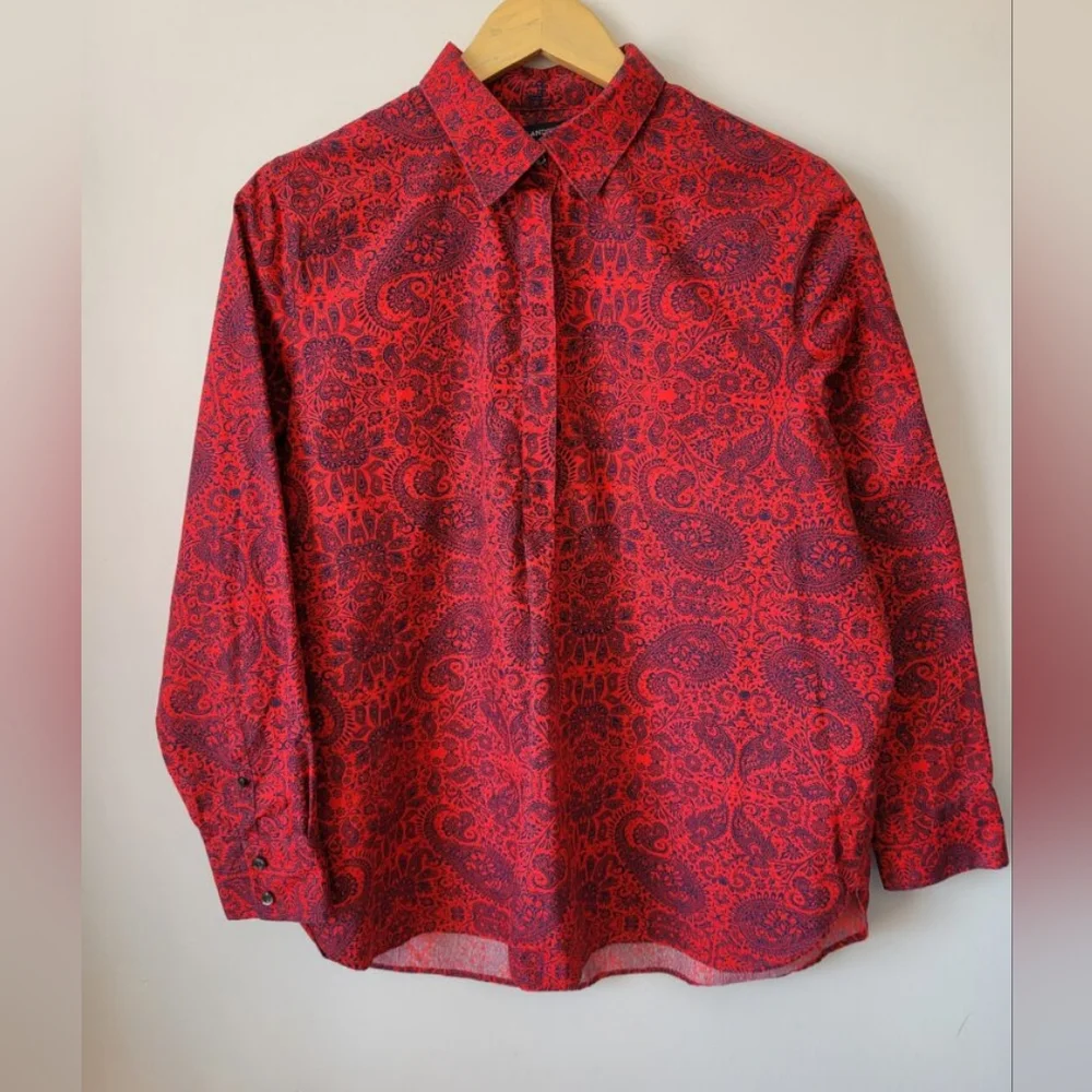 New LANDS' END Red and Blue Paisley Print Cotton Shirt - Picture 2 of 7
